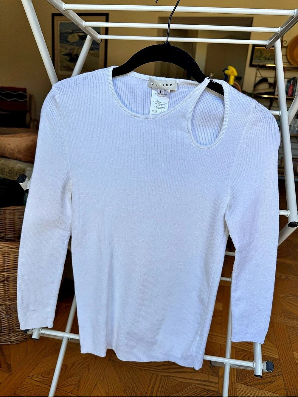 Vintage Celine Modele Depose Ribbed Long Sleeve in White Size Large